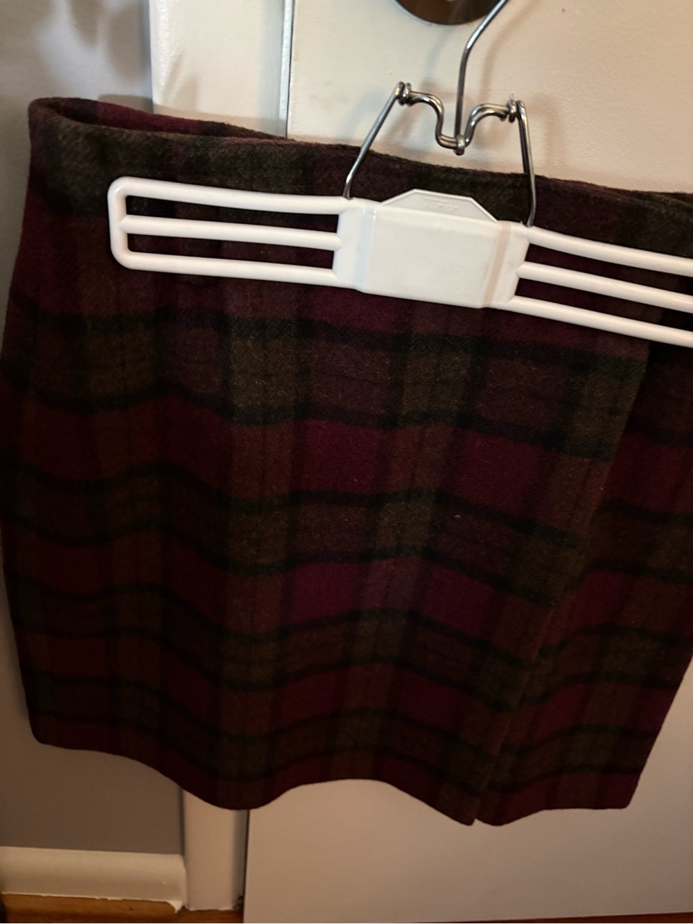 Eddie Bauer Burgundy and Olive Plaid Wool Mini Skirt